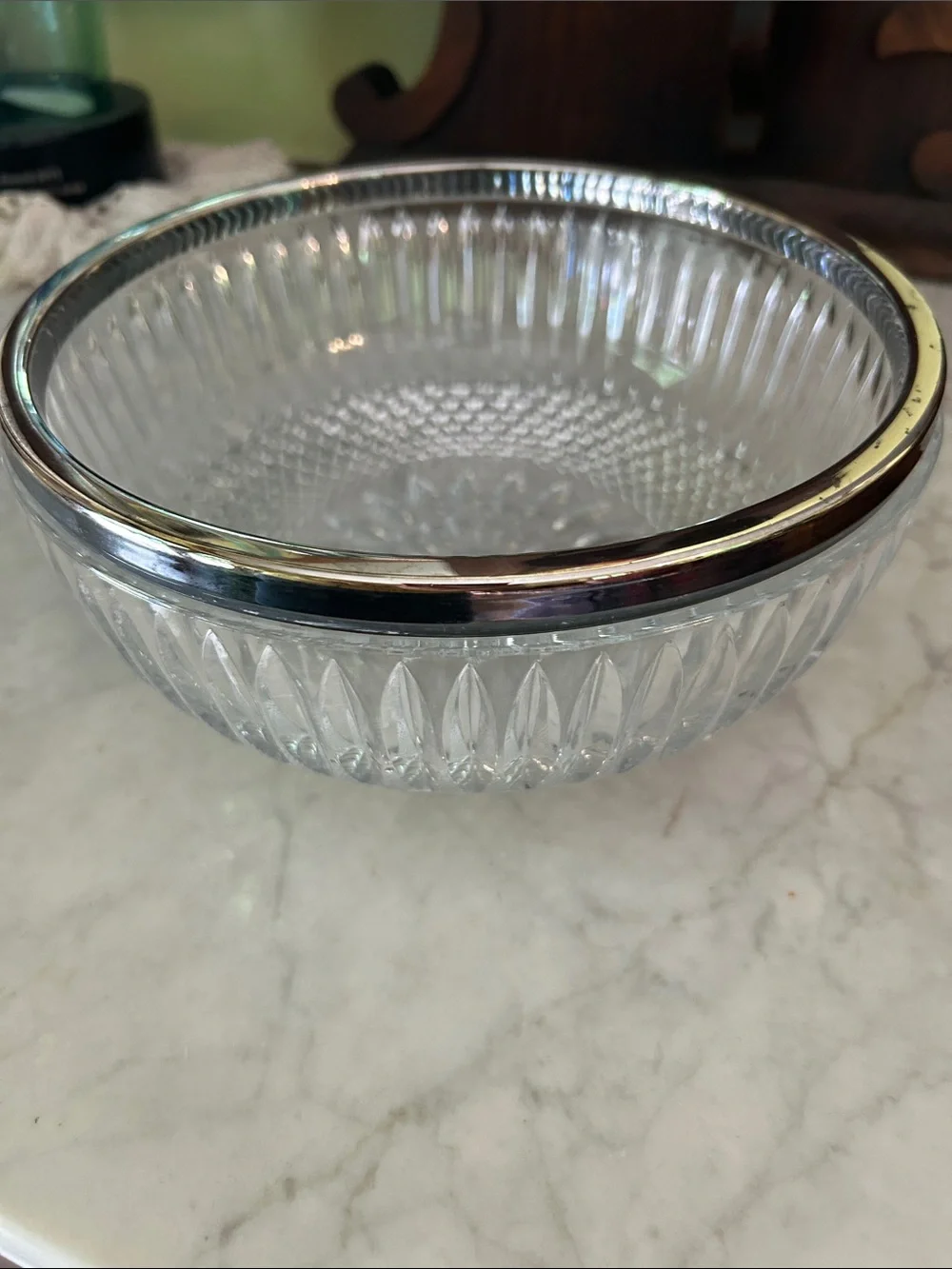 Leaded Glass Silver Rimmed Bowl Two Quart Size; in Excellent Condition; Heavy!